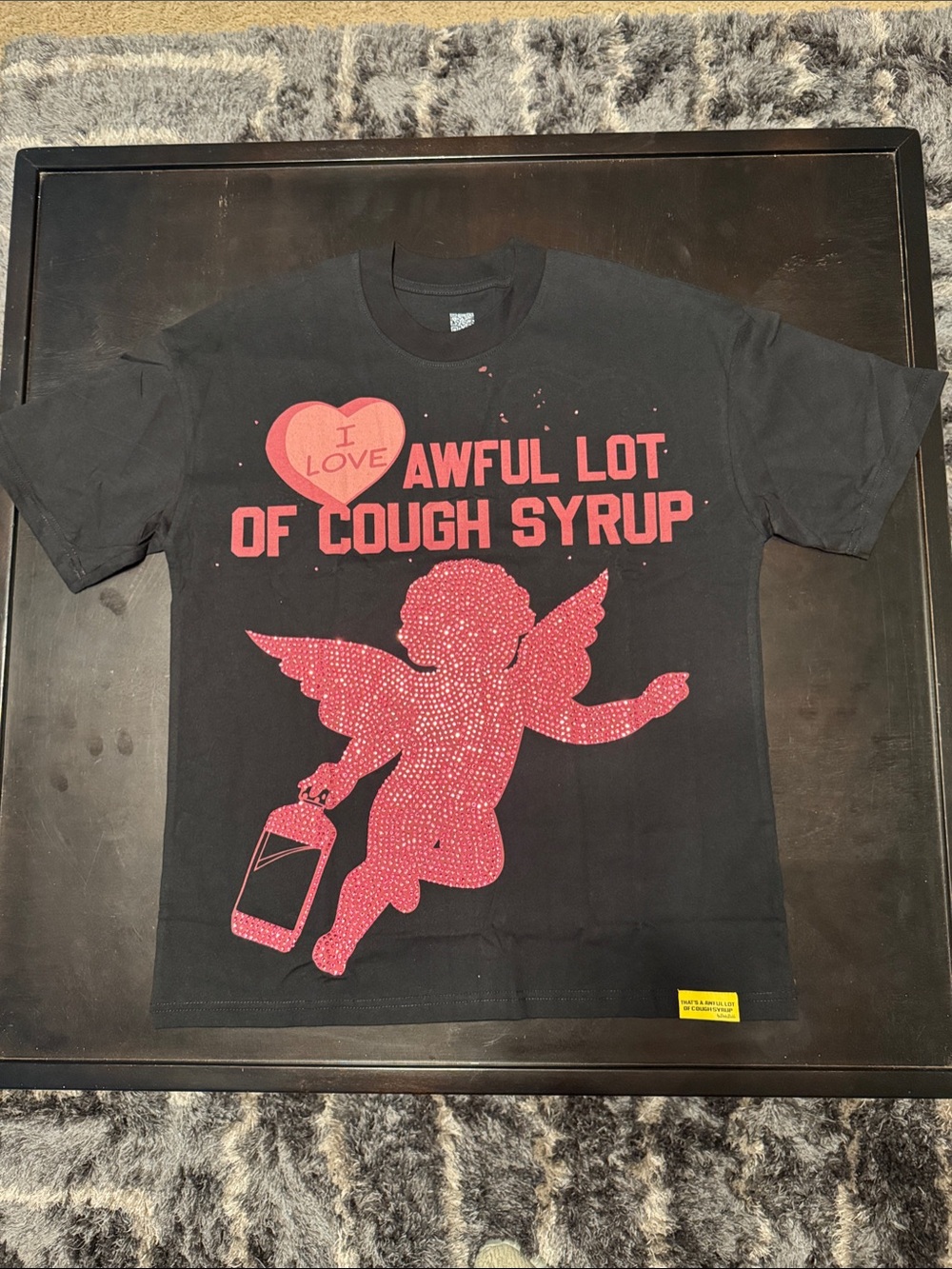Black Heavy Weight Tee Pink Cupid Graphic - 'I Love Awful Lot of Cough Syrup